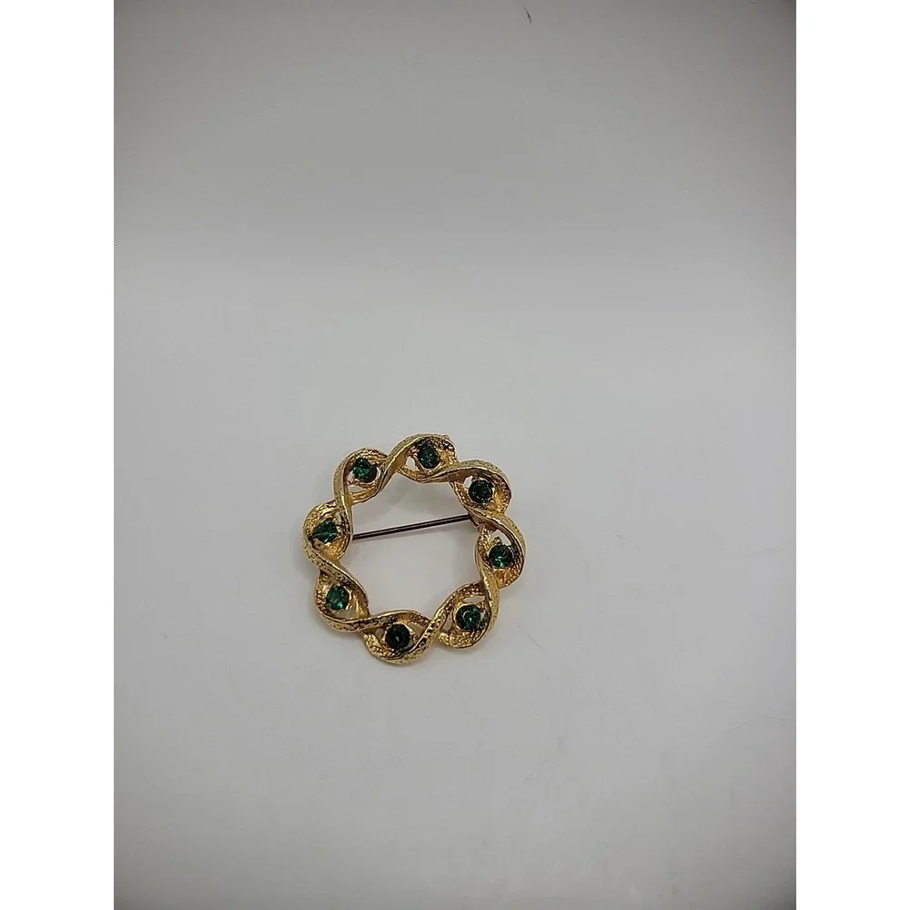 Vintage Brooch Pin Gold Tone Green Crystals Round Twist Embossed Jewelry Costume